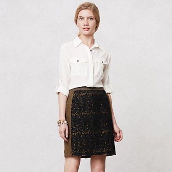 ANTHROPOLOGIE Rione Skirt Olive Black Lace Overlay - Picture 4 of 7